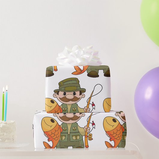 Cartoon Fisherman met Big Catch Funny Gevist Cadeaupapier