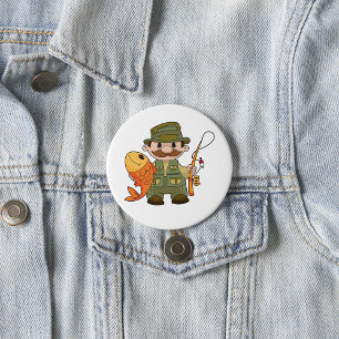 Cartoon Fisherman met Big Catch Funny Gevist Ronde Button 7,6 Cm