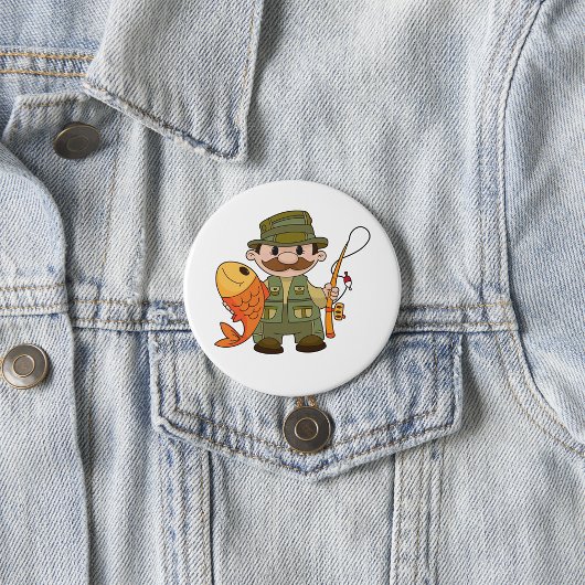 Cartoon Fisherman met Big Catch Funny Gevist Ronde Button 7,6 Cm