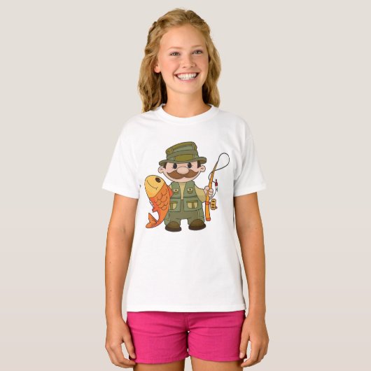 Cartoon Fisherman met Big Catch Funny Gevist T-shirt (Voorkant volledig)