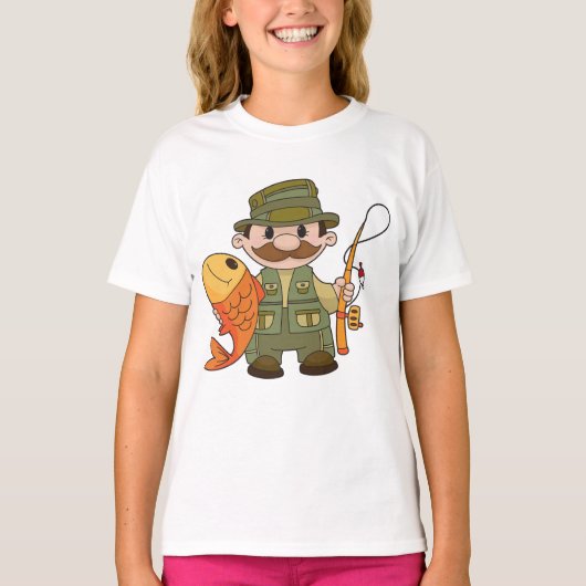 Cartoon Fisherman met Big Catch Funny Gevist T-shirt (Voorkant)