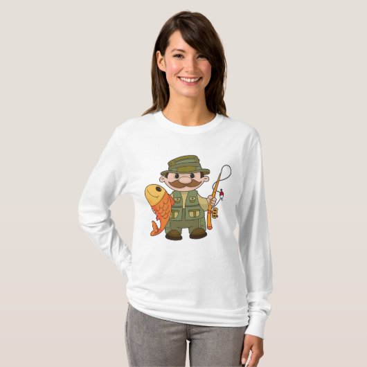 Cartoon Fisherman met Big Catch Funny Gevist T-shirt (Voorkant volledig)