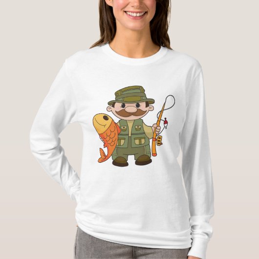 Cartoon Fisherman met Big Catch Funny Gevist T-shirt (Voorkant)