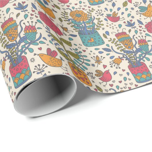 Cartoon floreel patroon met vogels 2 cadeaupapier (Rol Hoek)