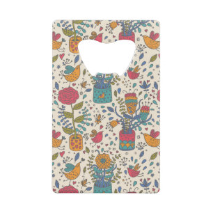 Cartoon floreel patroon met vogels 2 creditkaart flessenopener
