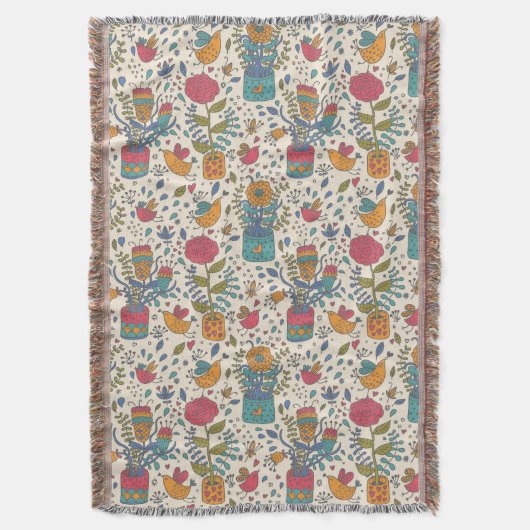 Cartoon floreel patroon met vogels 2 deken (Voorkant Verticaal)