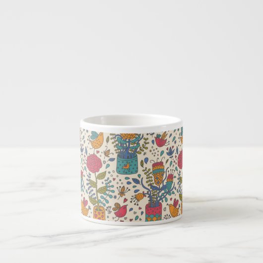 Cartoon floreel patroon met vogels 2 espresso kop (Voorkant)