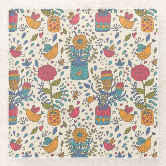 Cartoon floreel patroon met vogels 2 glazen onderzetter (Voorkant)