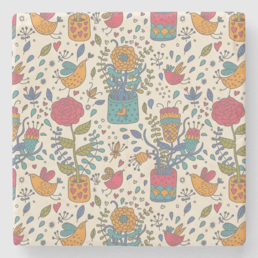 Cartoon floreel patroon met vogels 2 stenen onderzetter (Voorkant)