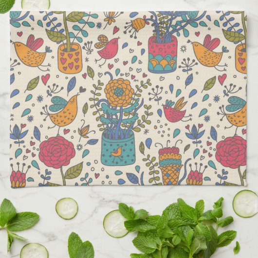 Cartoon floreel patroon met vogels 2 theedoek (Gevouwen)
