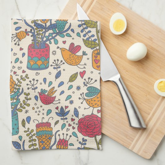 Cartoon floreel patroon met vogels 2 theedoek (Quarter Fold)