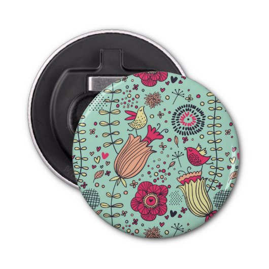 Cartoon floreel patroon met vogels button flesopener (Voorkant)