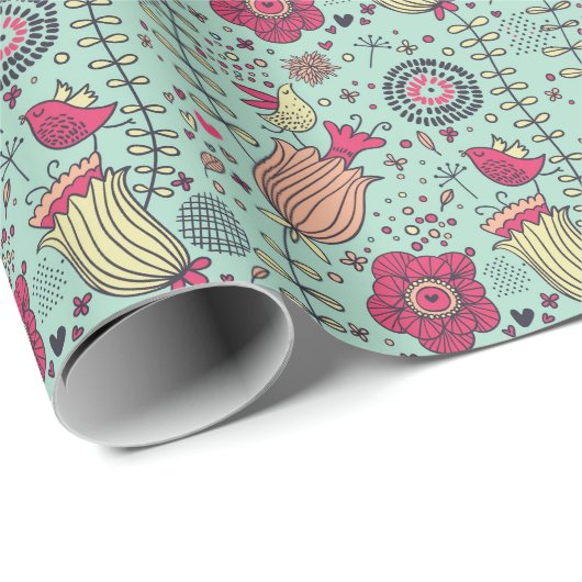 Cartoon floreel patroon met vogels cadeaupapier (Rol Hoek)