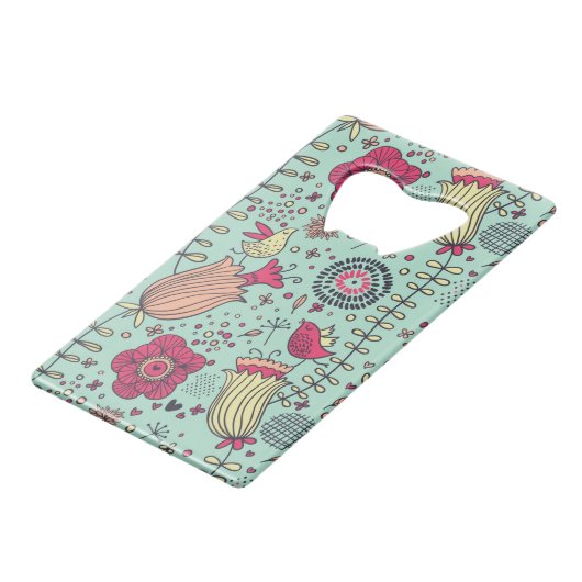Cartoon floreel patroon met vogels creditkaart flessenopener (Voorkant Gekanteld)