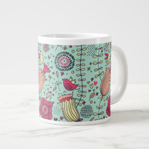 Cartoon floreel patroon met vogels grote koffiekop