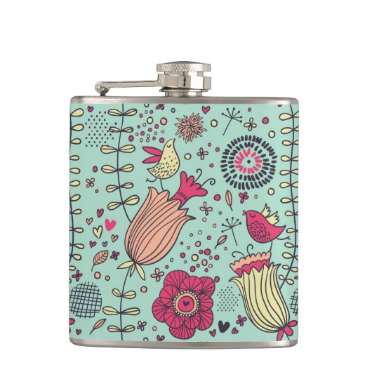 Cartoon floreel patroon met vogels heupfles (Voorkant)