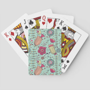Cartoon floreel patroon met vogels pokerkaarten
