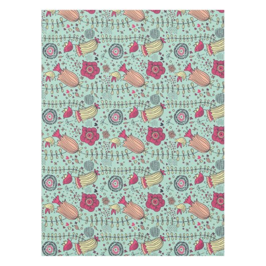 Cartoon floreel patroon met vogels tafelkleed (Voorkant)