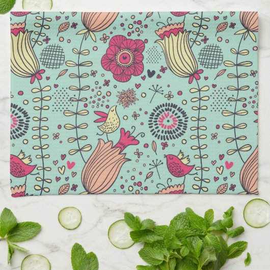 Cartoon floreel patroon met vogels theedoek (Gevouwen)