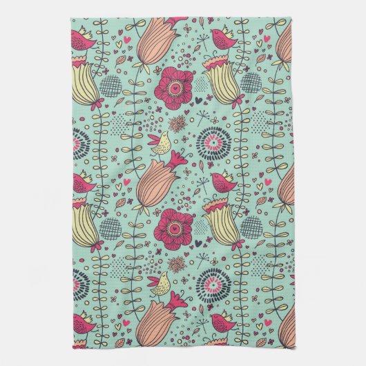 Cartoon floreel patroon met vogels theedoek (Verticaal)