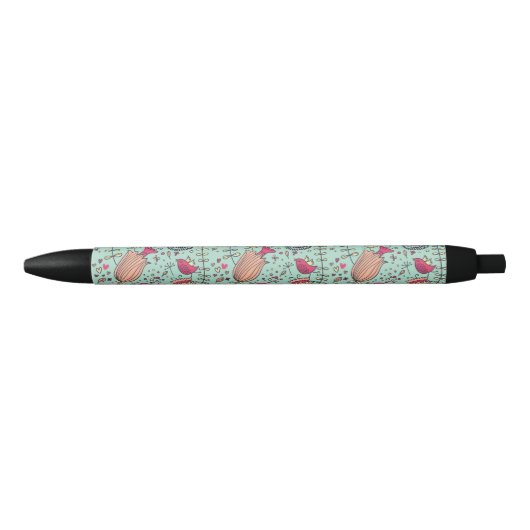 Cartoon floreel patroon met vogels zwarte inkt pen (Voorkant)