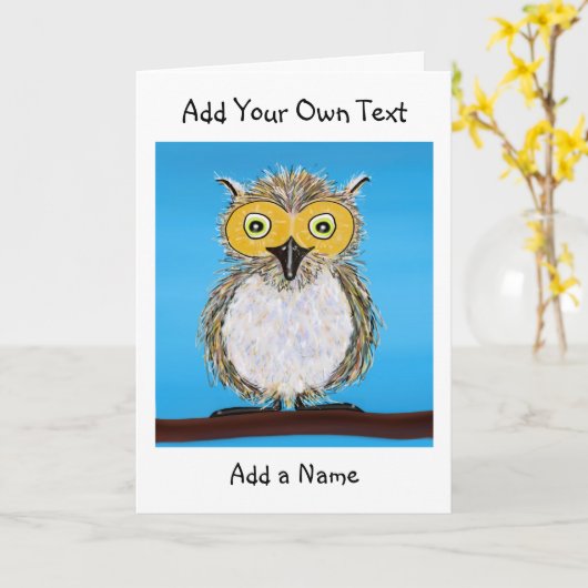 Cartoon Fluffy Owl Folded Wenskaart Kaart (Gele Bloem)