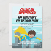 Cartoon Flying Superheld Comic Birthday Party Kaart (Voorkant)