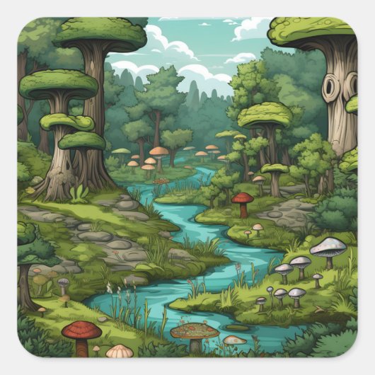 Cartoon Forest Dreamscape Vierkante Sticker (Voorkant)