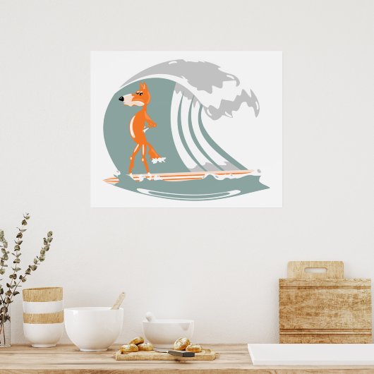 Cartoon Fox op een surfplank Poster (Keuken)