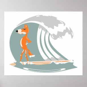 Cartoon Fox op een surfplank Poster