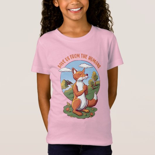 Cartoon Fox Prayer – Save Nature Message T-shirt (Voorkant)