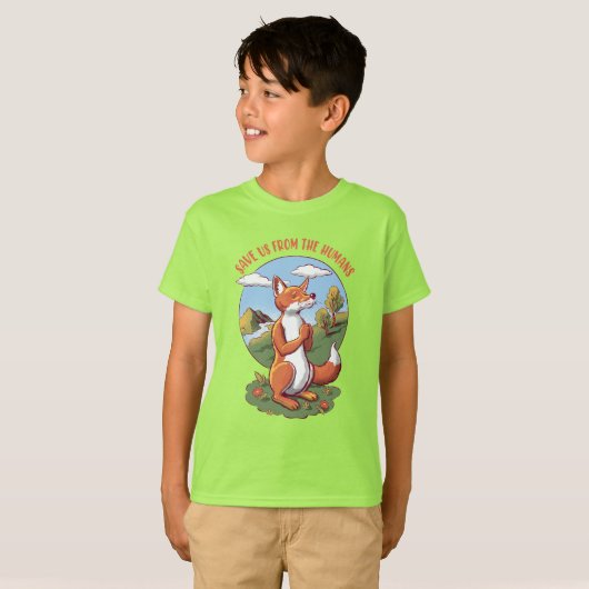 Cartoon Fox Prayer – Save Nature Message T-shirt (Voorkant volledig)