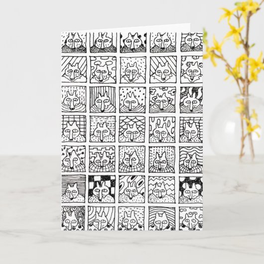 Cartoon Foxes Faces Squares Drawing Card Kaart (Gele Bloem)