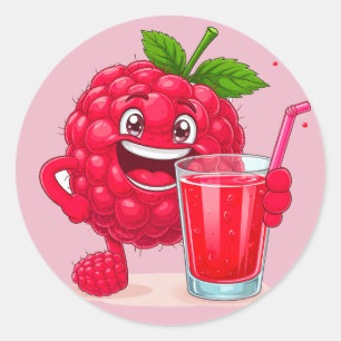 Cartoon Framboos Karakter Met een Smoothie Ronde Sticker