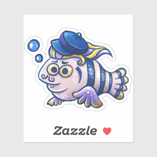 Cartoon Franse vis met Sticker van baret (Vel)