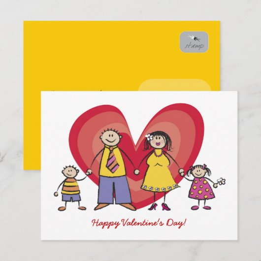 Cartoon Fun Happy Family Love Heart Valentijn Feestdagenkaart (Voorkant / Achterkant)