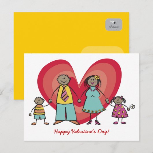 Cartoon Fun Happy Family Love Heart Valentijn Feestdagenkaart (Voorkant / Achterkant)
