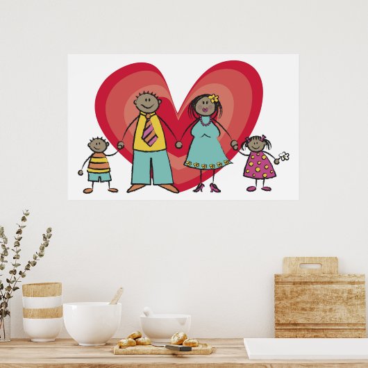 Cartoon Fun Happy Family Love Heart Valentijn Poster (Keuken)