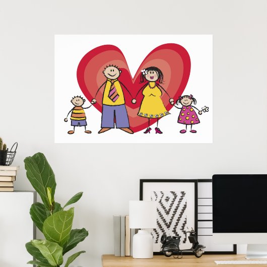 Cartoon Fun Happy Family Love Heart Valentijn Poster (Thuiskantoor)