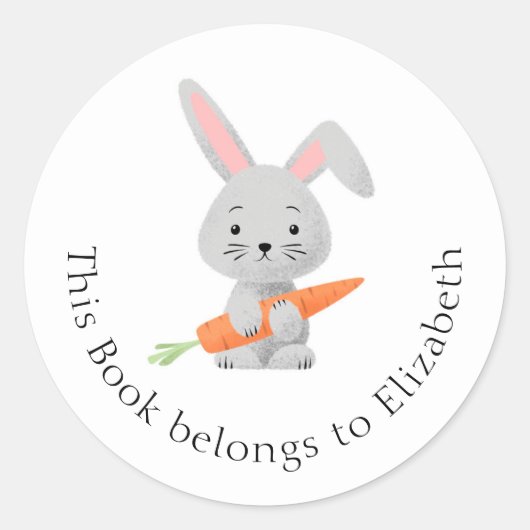 Cartoon Funny Cute Rabbit Bunny Carrot Bookplaat Ronde Sticker (Voorkant)