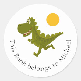 Cartoon Funny Dinosaur Dino Jurassic Sun Bookplaat Ronde Sticker