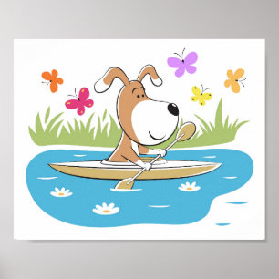 Cartoon Funny Dog Puppy Kayaking Kayak Water Sport Poster