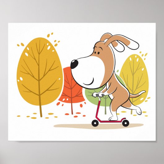 Cartoon Funny Dog Puppy Kick Scooter Poster (Voorkant)