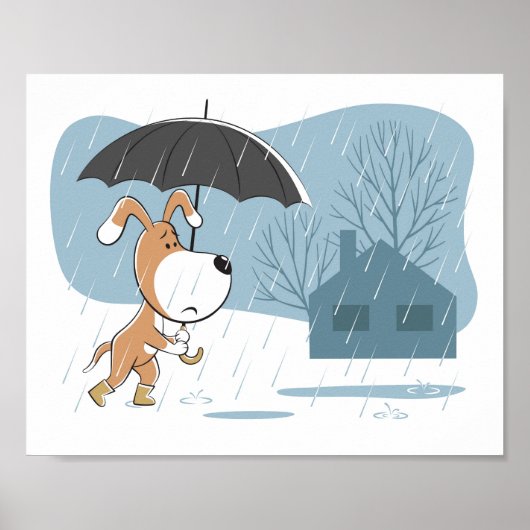Cartoon Funny Dog Puppy Walking Rain Umbrella Poster (Voorkant)