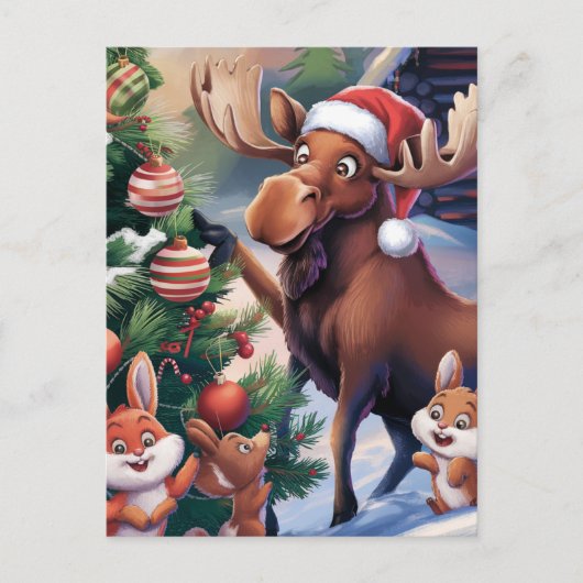 Cartoon Funny Moose Decoreren van de kerstboom Briefkaart (Voorkant)