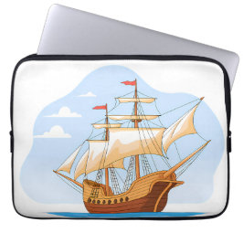 Cartoon Galleon Sailing on Blue Water Laptop Sleeve