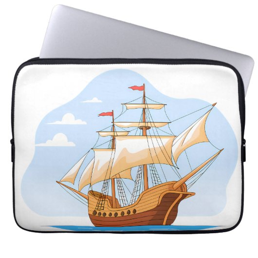 Cartoon Galleon Sailing on Blue Water Laptop Sleeve (Voorkant)
