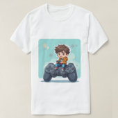 Cartoon Gamer-Kind Zittend op PlayStation-controll T-shirt (Design voorkant)