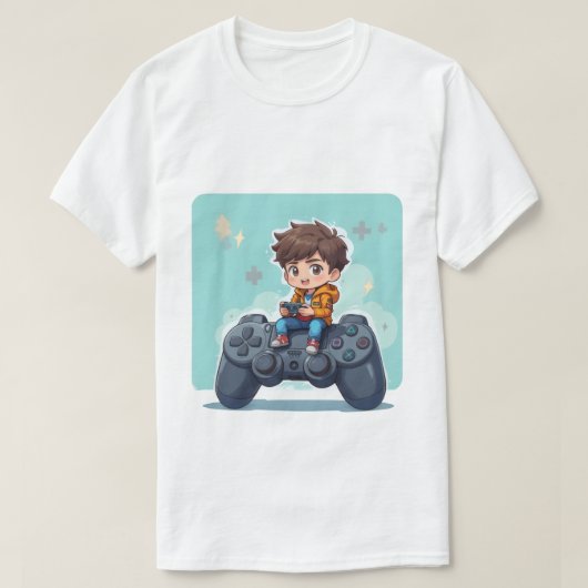 Cartoon Gamer-Kind Zittend op PlayStation-controll T-shirt (Design voorkant)