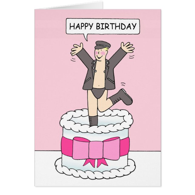 Cartoon Gay Birthday Man Leaping van een Cake (Voorkant)